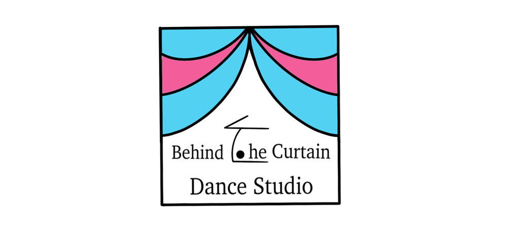 behind the curtain dance studio; pink and blue curtain