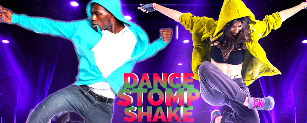 Two dancers mid-jump in colorful hoodies performing energetic moves on a lit stage with the text “Dance Stomp Shake."